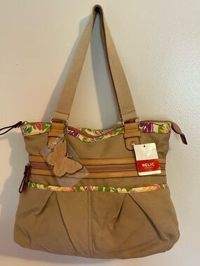 NWT Relic Joy Tote Shoulder Bag Khaki Floral Trim Canvas Faux Leather ***stain